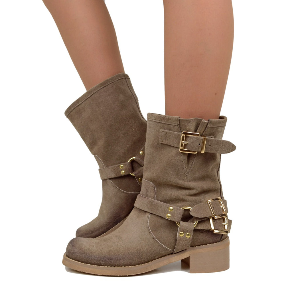 Women's Ankle Boots in Taupe Suede Leather with Square Toe