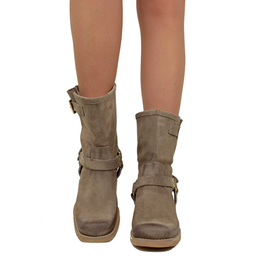 Women's Ankle Boots in Taupe Suede Leather with Square Toe - 3