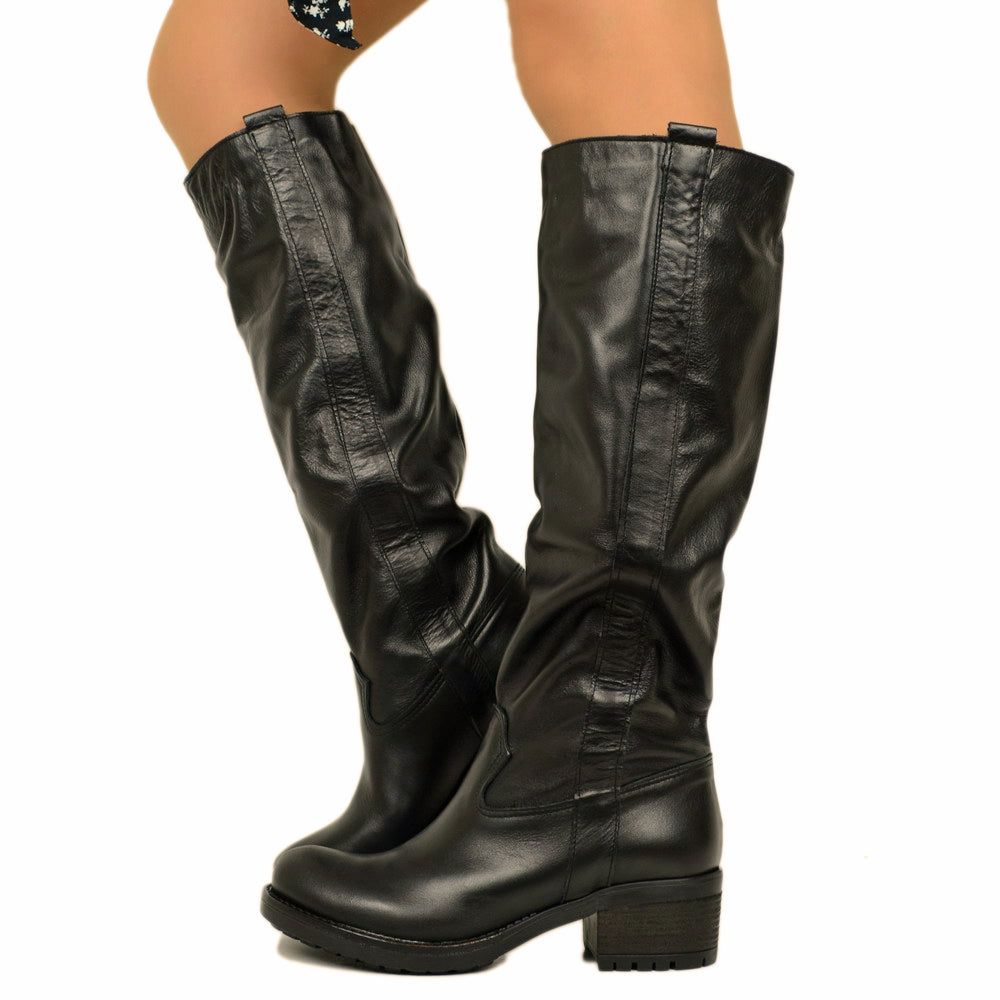 Women's Black Leather Biker Boots Medium Heel Made in Italy