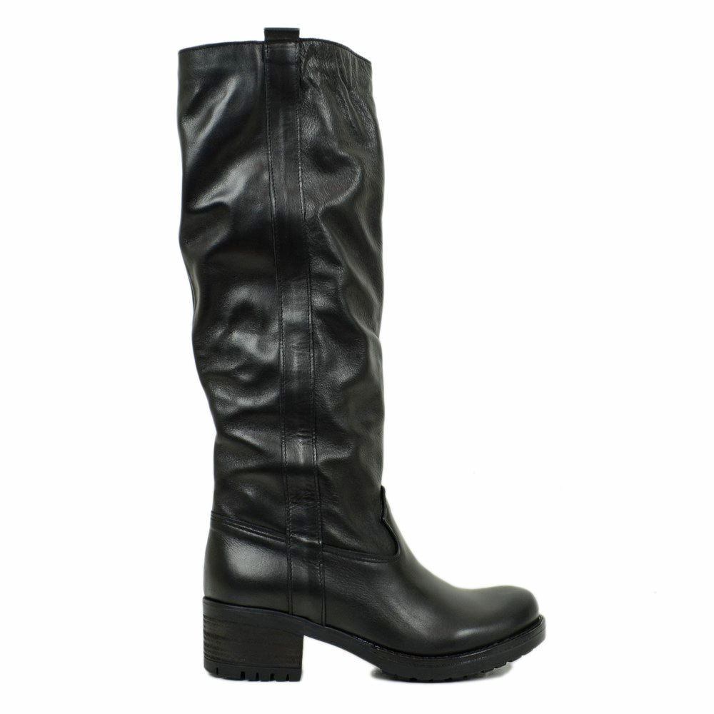 Damen-Bikerstiefel aus schwarzem Leder mit mittlerem Absatz, hergestellt in Italien - 2