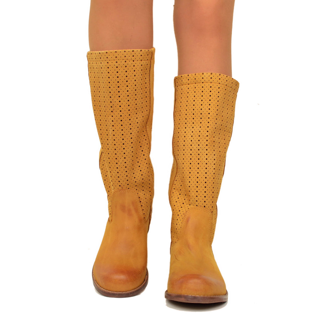 Stivali Donna Traforati Cuoio in Pelle Nabuk Made in Italy - 5