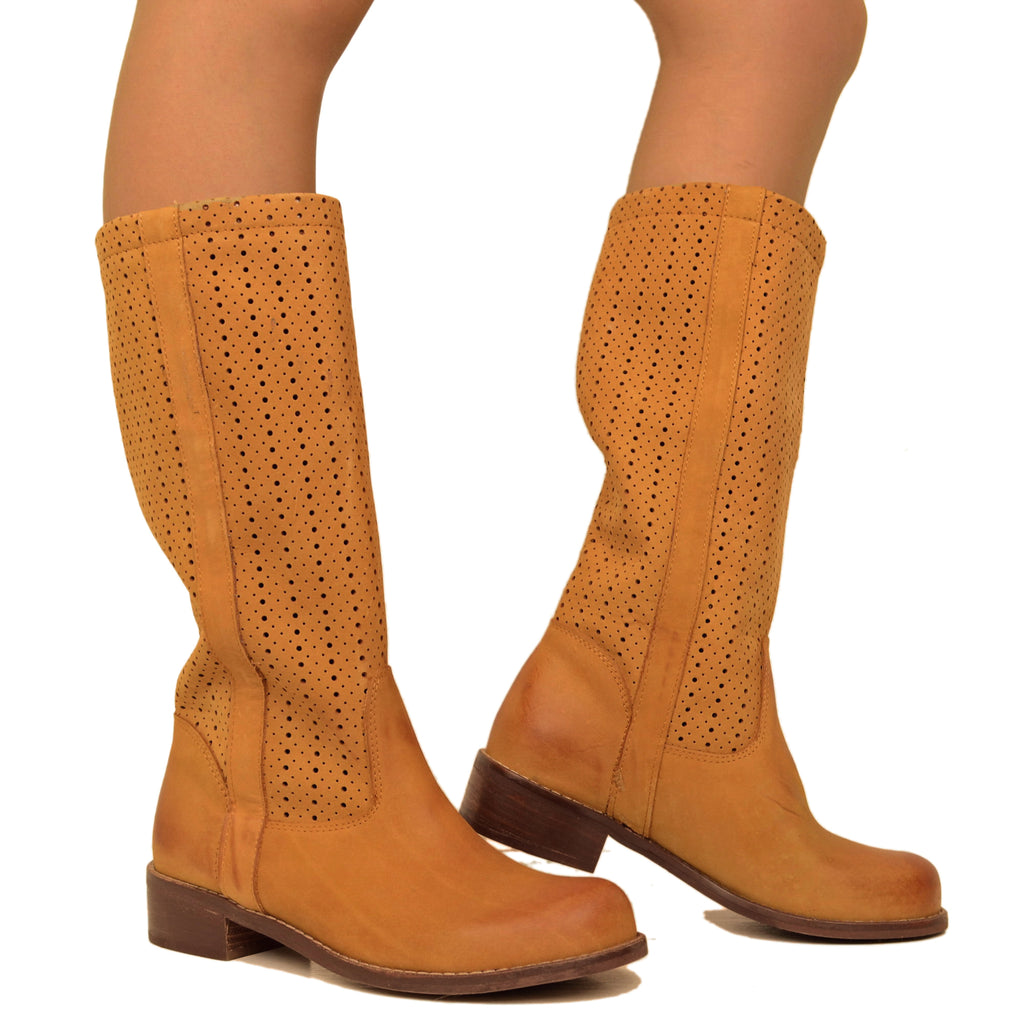 Stivali Donna Traforati Cuoio in Pelle Nabuk Made in Italy - 3