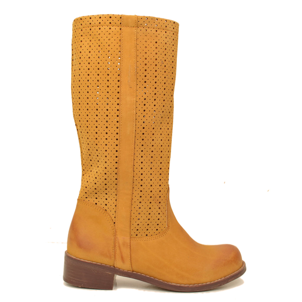 Stivali Donna Traforati Cuoio in Pelle Nabuk Made in Italy - 2