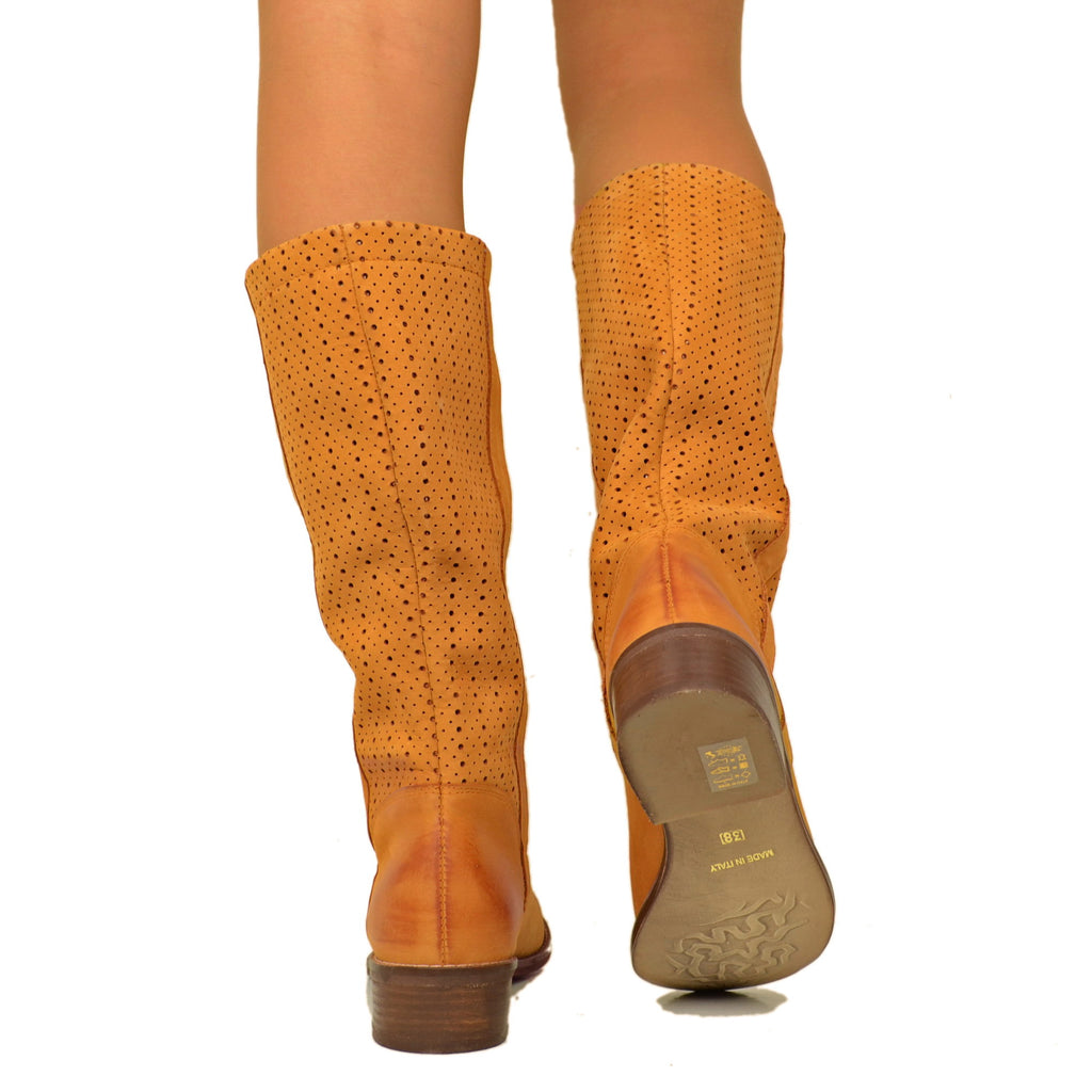 Stivali Donna Traforati Cuoio in Pelle Nabuk Made in Italy - 4