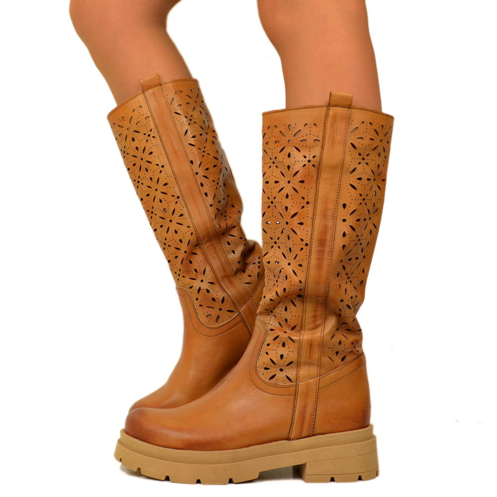 Perforated Women's Boots in Tan Leather with Platform Bottom