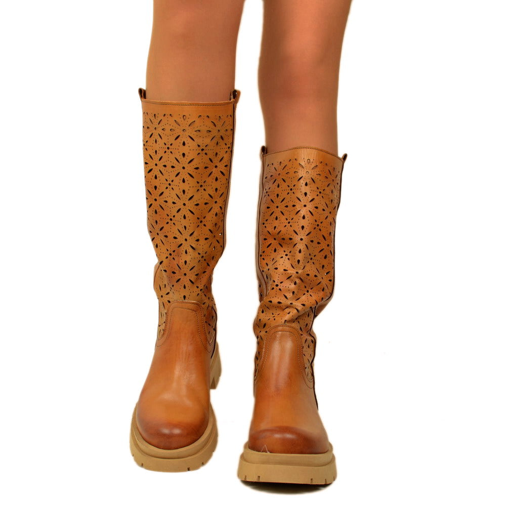 Perforated Women's Boots in Tan Leather with Platform Bottom - 4