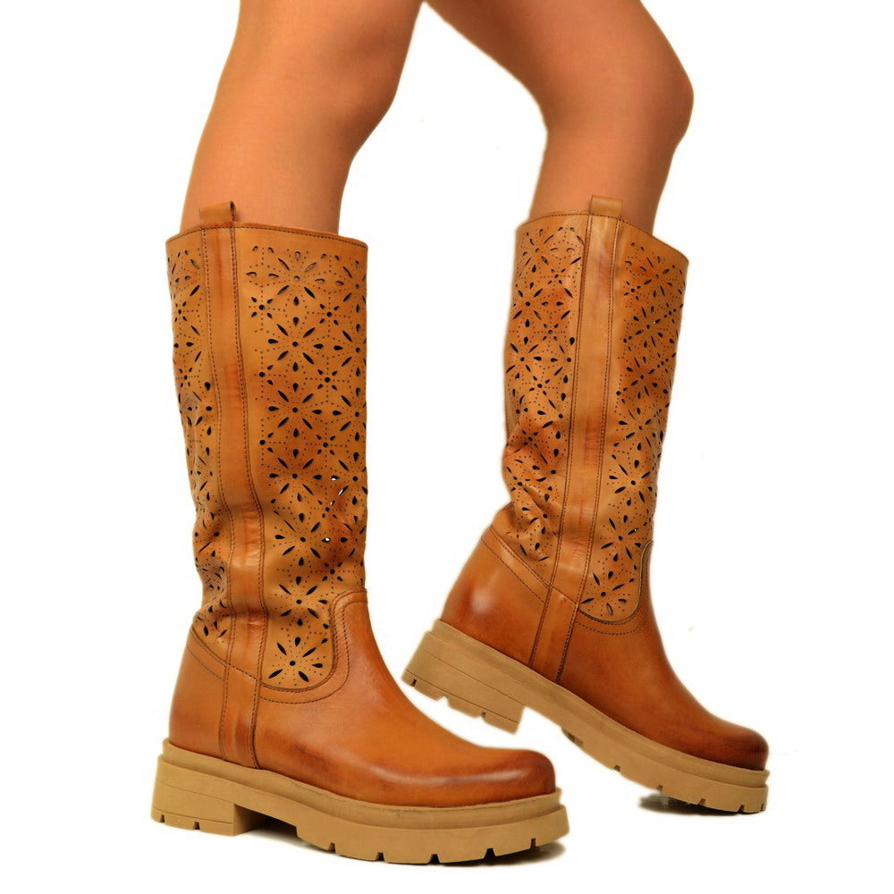 Perforated Women's Boots in Tan Leather with Platform Bottom - 3
