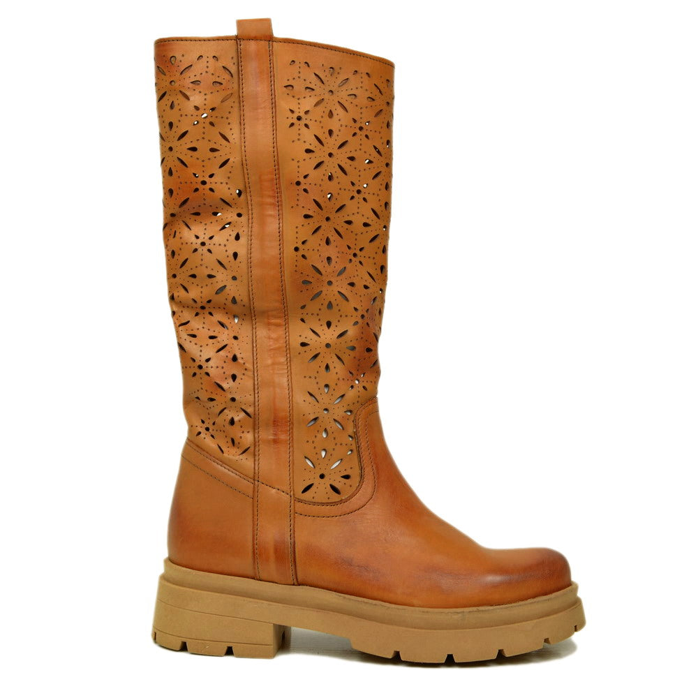 Perforated Women's Boots in Tan Leather with Platform Bottom - 2