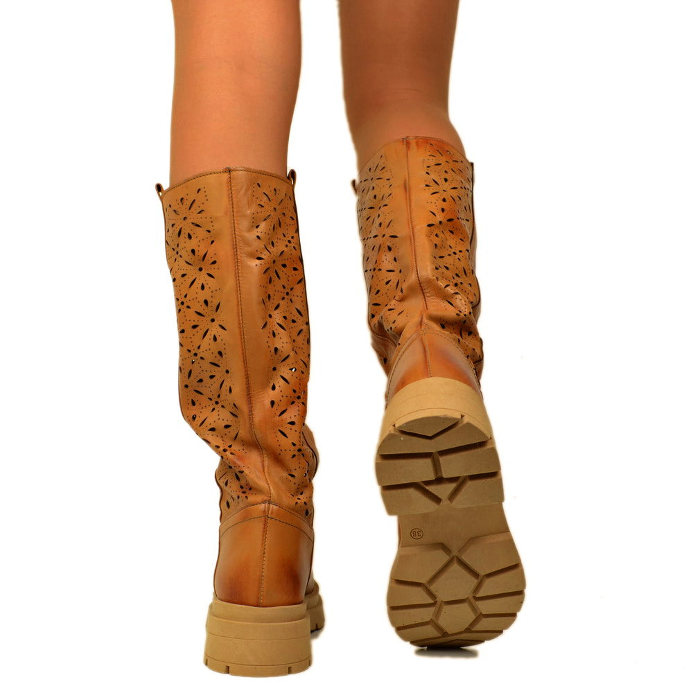 Perforated Women's Boots in Tan Leather with Platform Bottom - 5