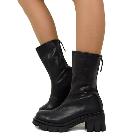 Bottines Femme Noires en Cuir Made in Italy avec Fermeture Éclair