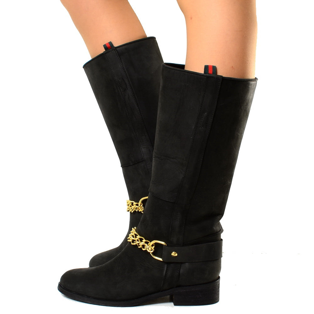 Camperos Western Boots with Golden Chain Black Rigid Leather