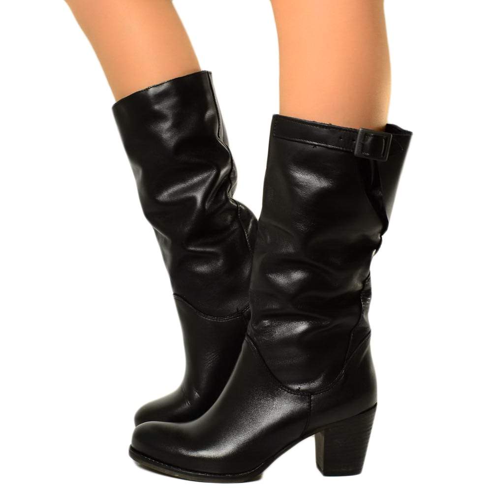 Women's Boots with Medium Heel in Genuine Leather Black