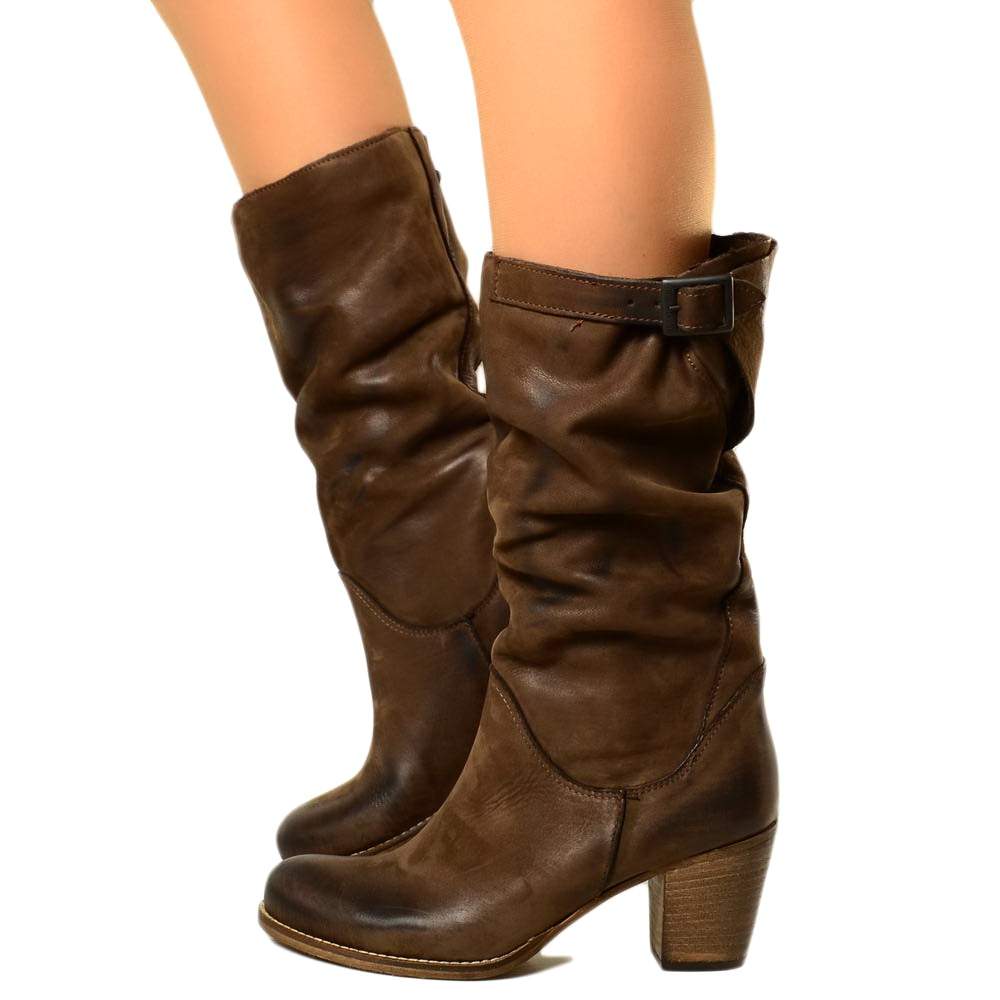 Medium Heel Women's Boots in Genuine Dark Brown Nubuck Leather