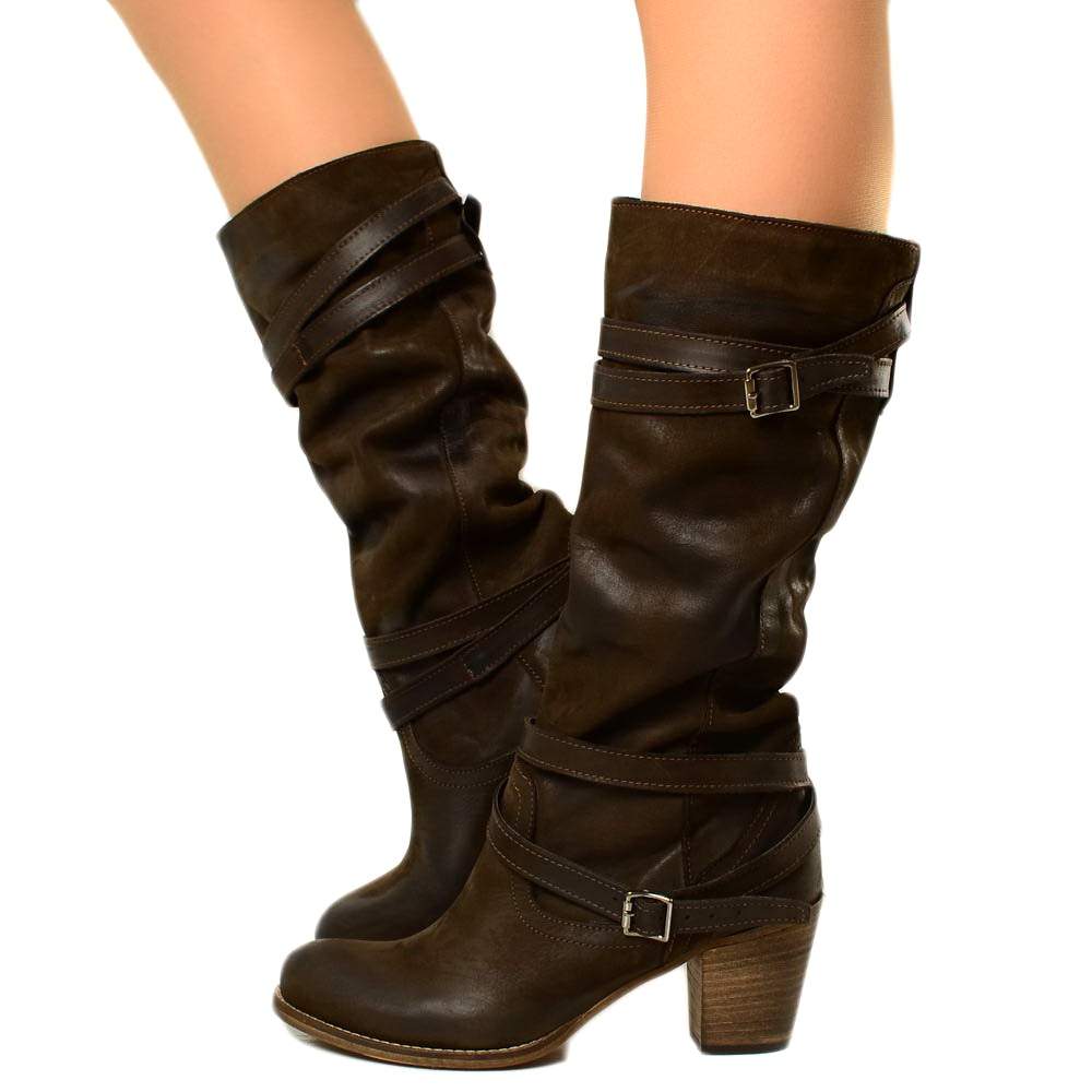 Women's Boots in Genuine Dark Brown Nubuck Leather