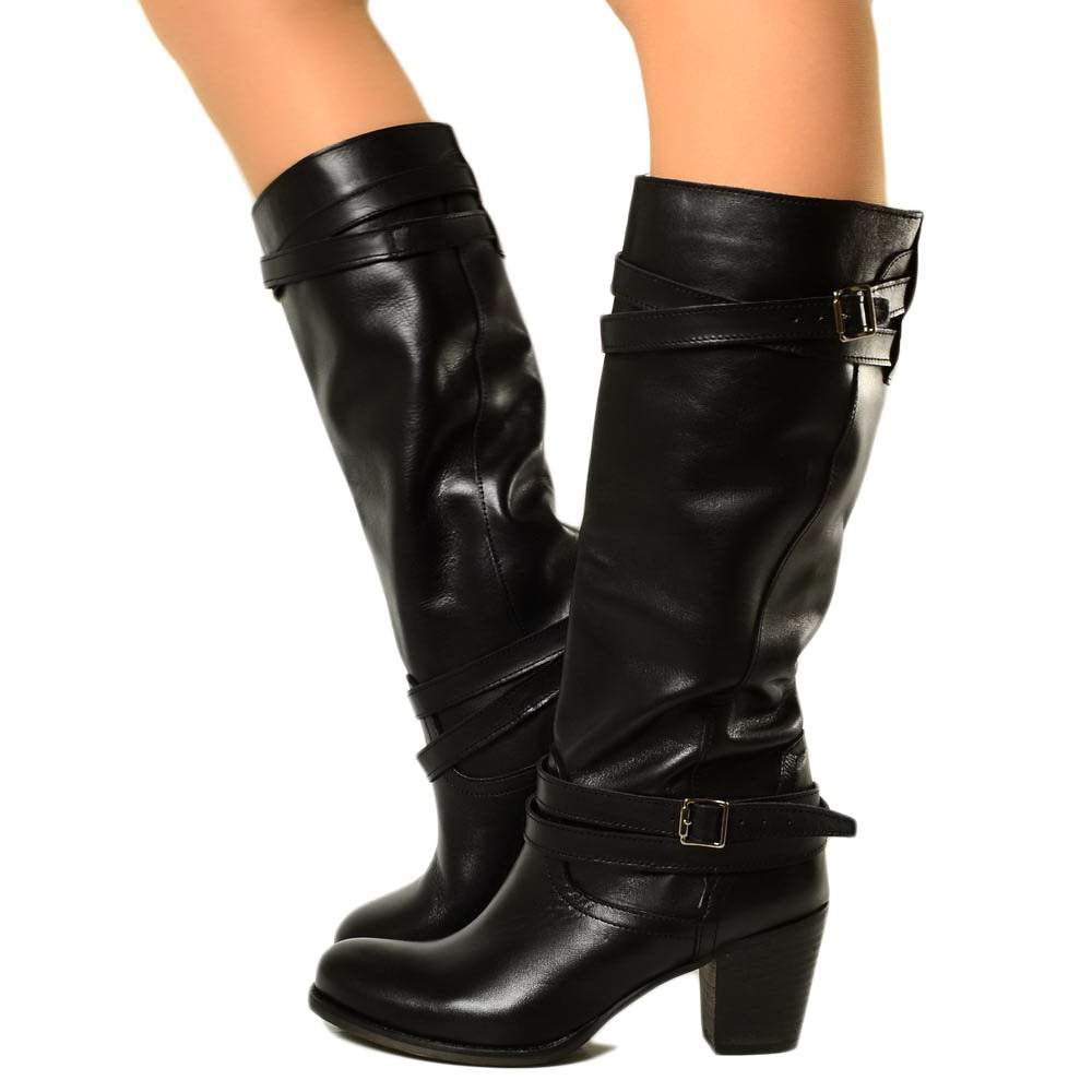 Black Leather Mid Heel Boots KikkiLine Calzature