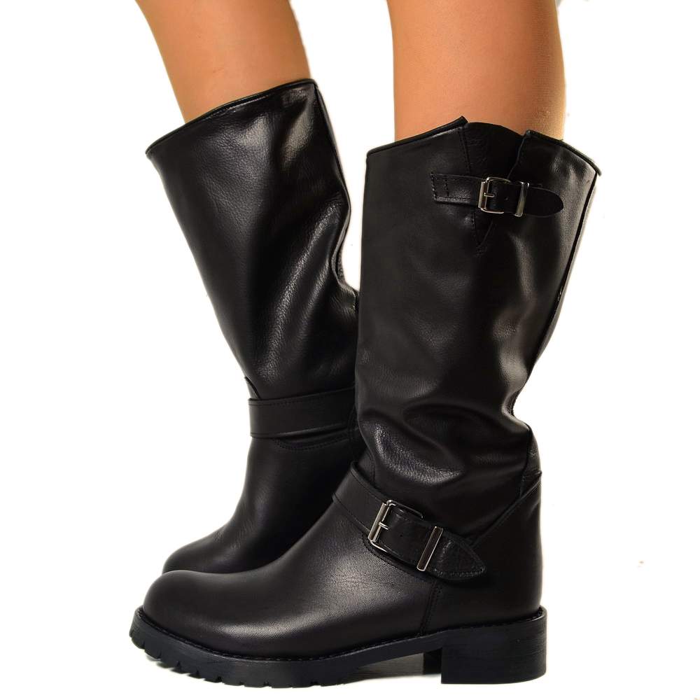 Black Police Women's Boots Biker Boots in Genuine Leather Made in Italy