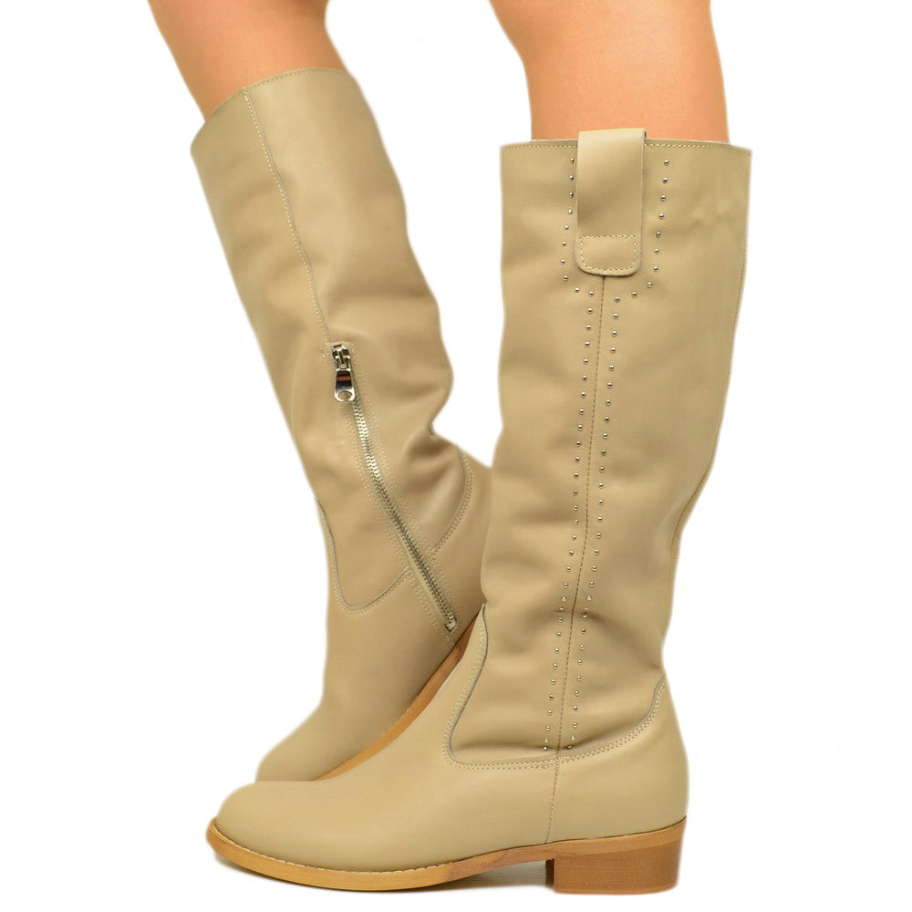High Women's Boots in Beige Leather with Studs Made in Italy
