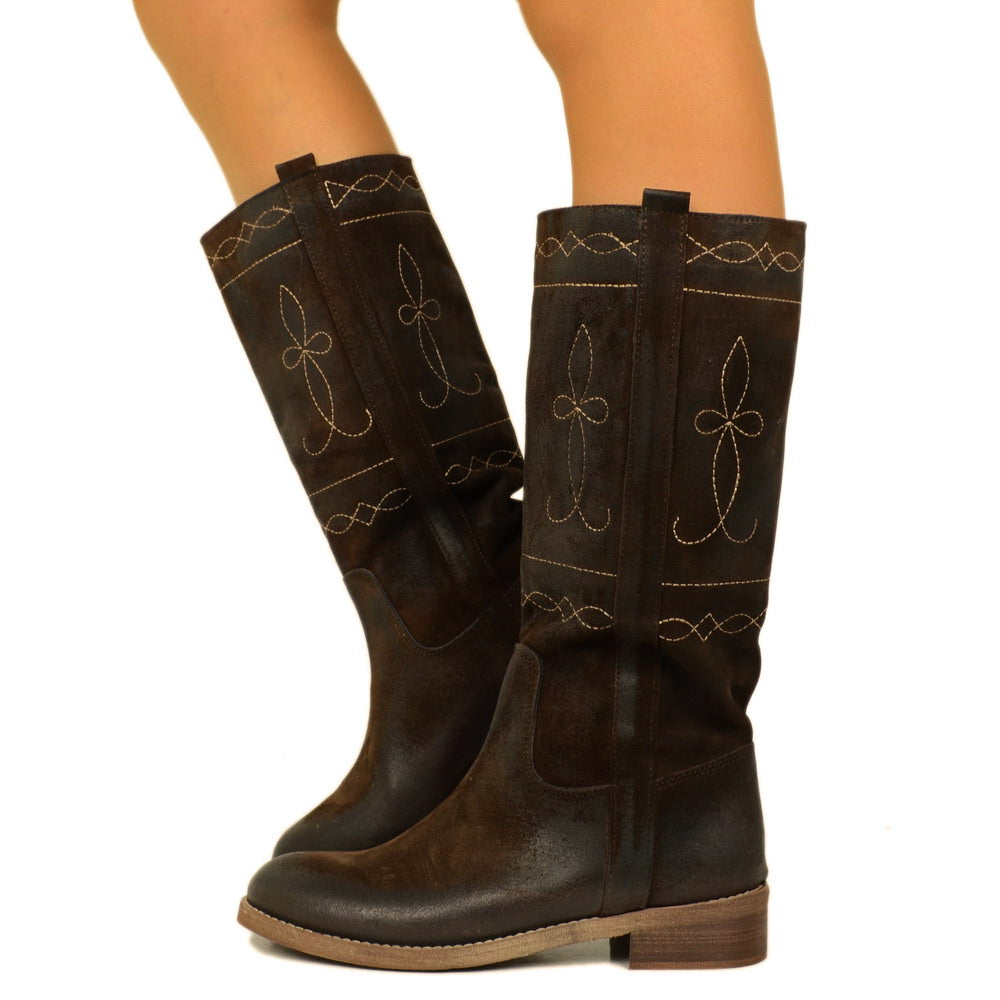 Camperos Women's Boots in Brown Suede with Embroideries