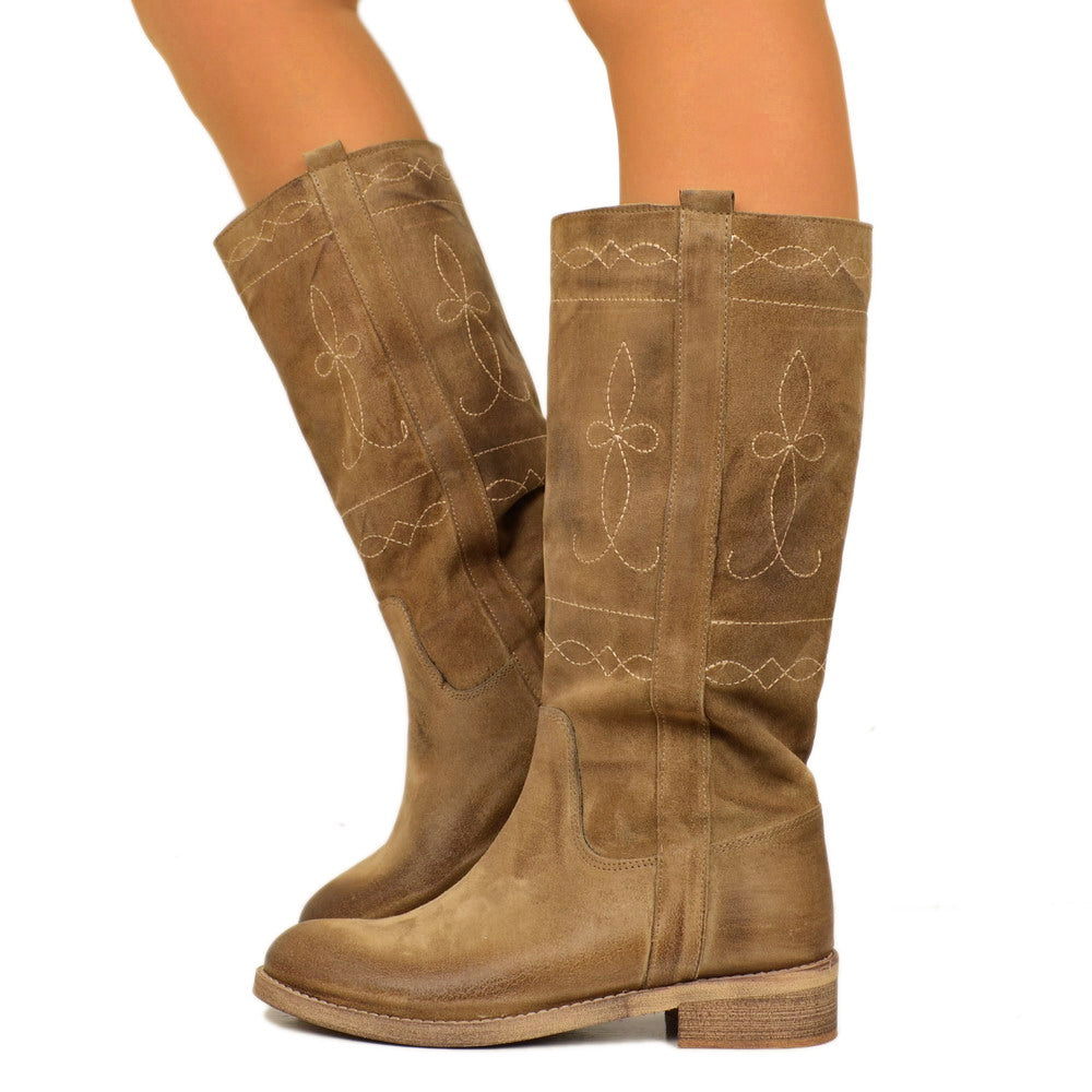 Camperos Women's Boots in Taupe Suede with Embroideries