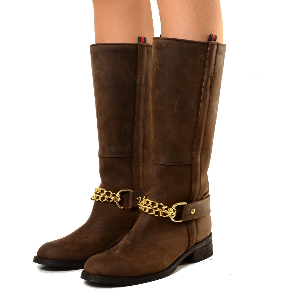 Stivali Camperos Western con Catena dorata Pelle Rigida Marrone - 8