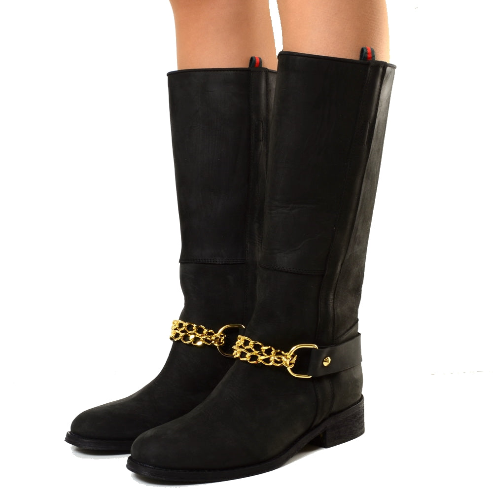 Stivali Camperos Western con Catena dorata Pelle Rigida Nera - 5
