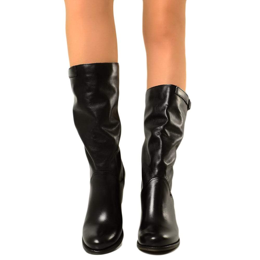 Women's Boots with Medium Heel in Genuine Leather Black - 2