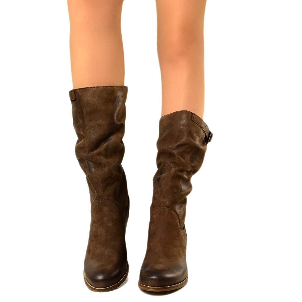 Medium Heel Women's Boots in Genuine Dark Brown Nubuck Leather - 2