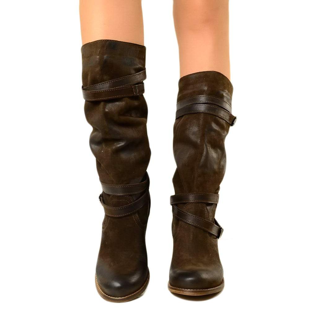 Women's Boots in Genuine Dark Brown Nubuck Leather - 2