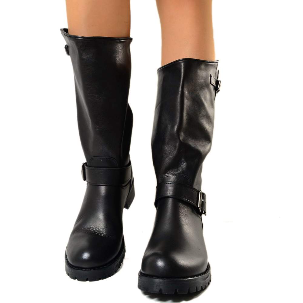 Black Police Women's Boots Biker Boots in Genuine Leather Made in Italy - 6