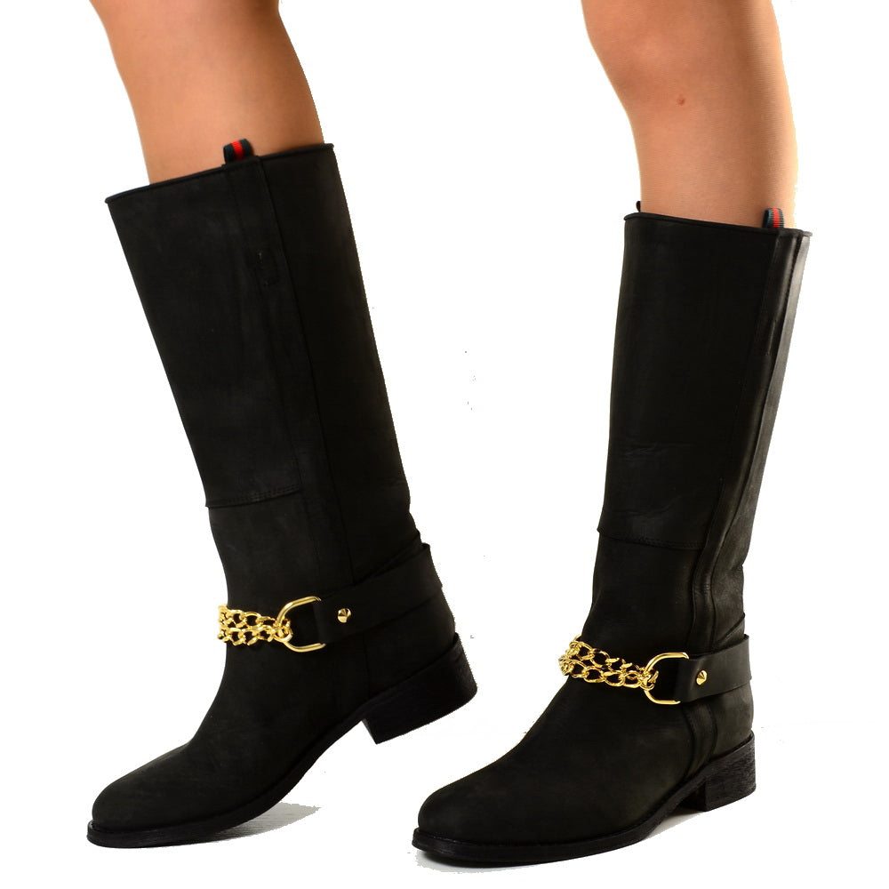 Stivali Camperos Western con Catena dorata Pelle Rigida Nera - 6