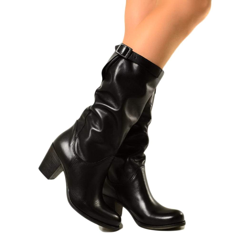 Women's Boots with Medium Heel in Genuine Leather Black - 4