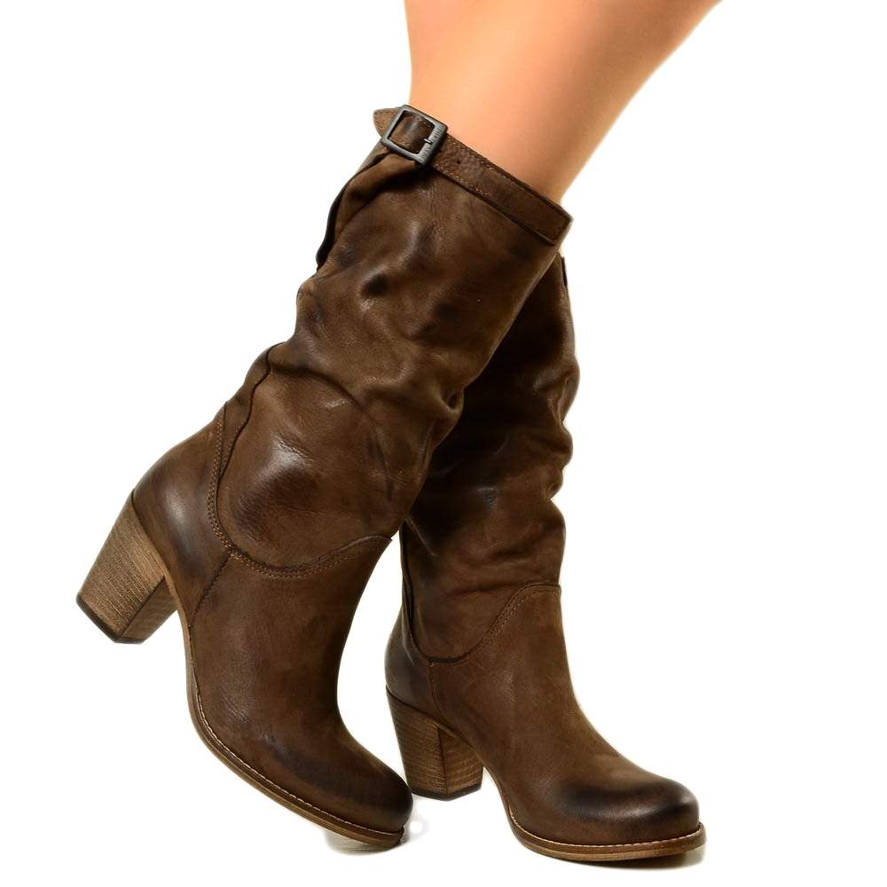 Medium Heel Women's Boots in Genuine Dark Brown Nubuck Leather - 5