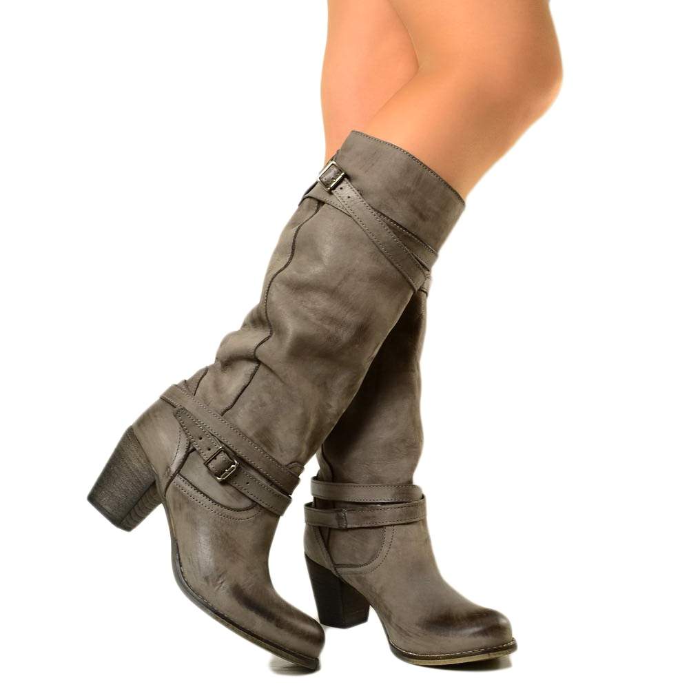 Women's Boots in Genuine Nubuck Leather with Gray Medium Heel - 2