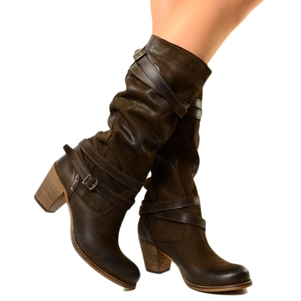 Women's Boots in Genuine Dark Brown Nubuck Leather - 4