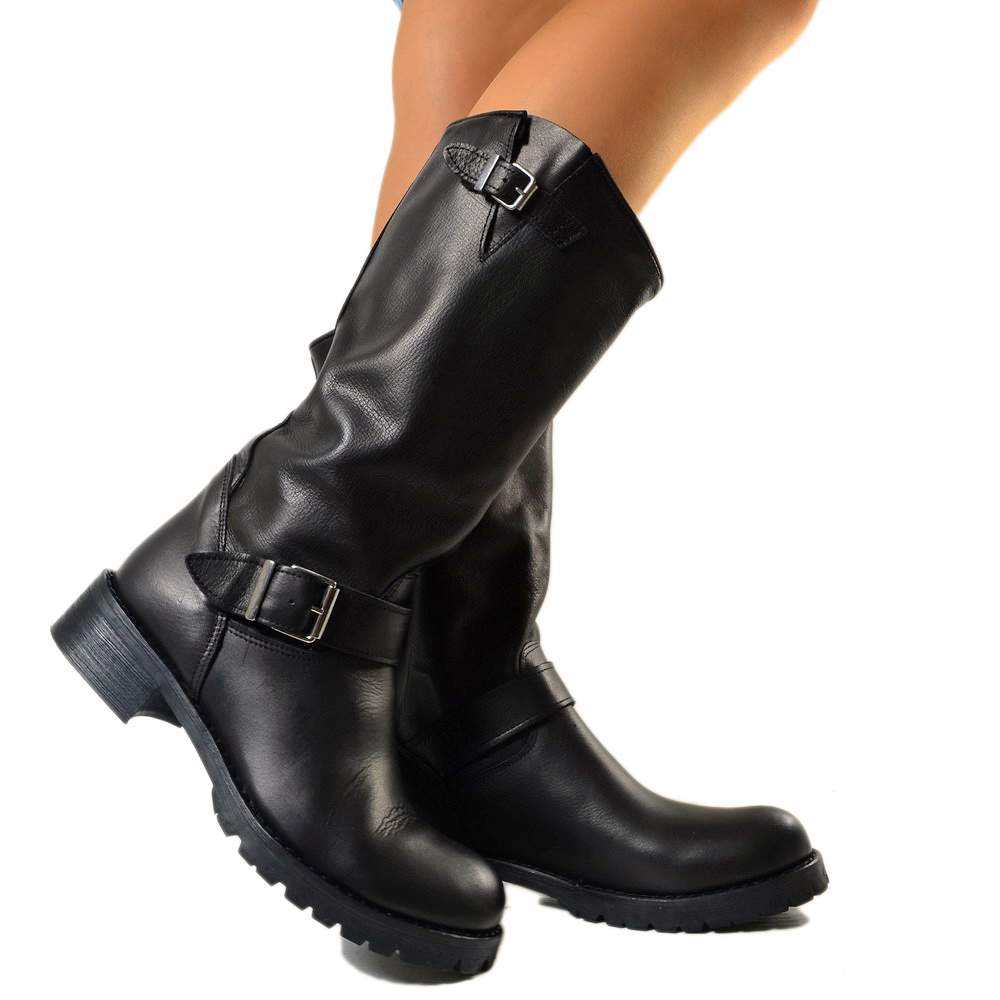 Black Police Women's Boots Biker Boots in Genuine Leather Made in Italy - 4