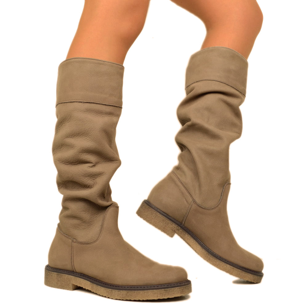 Stivali Donna Camperos Taupe in Pelle Nabuk Made in Italy - 5