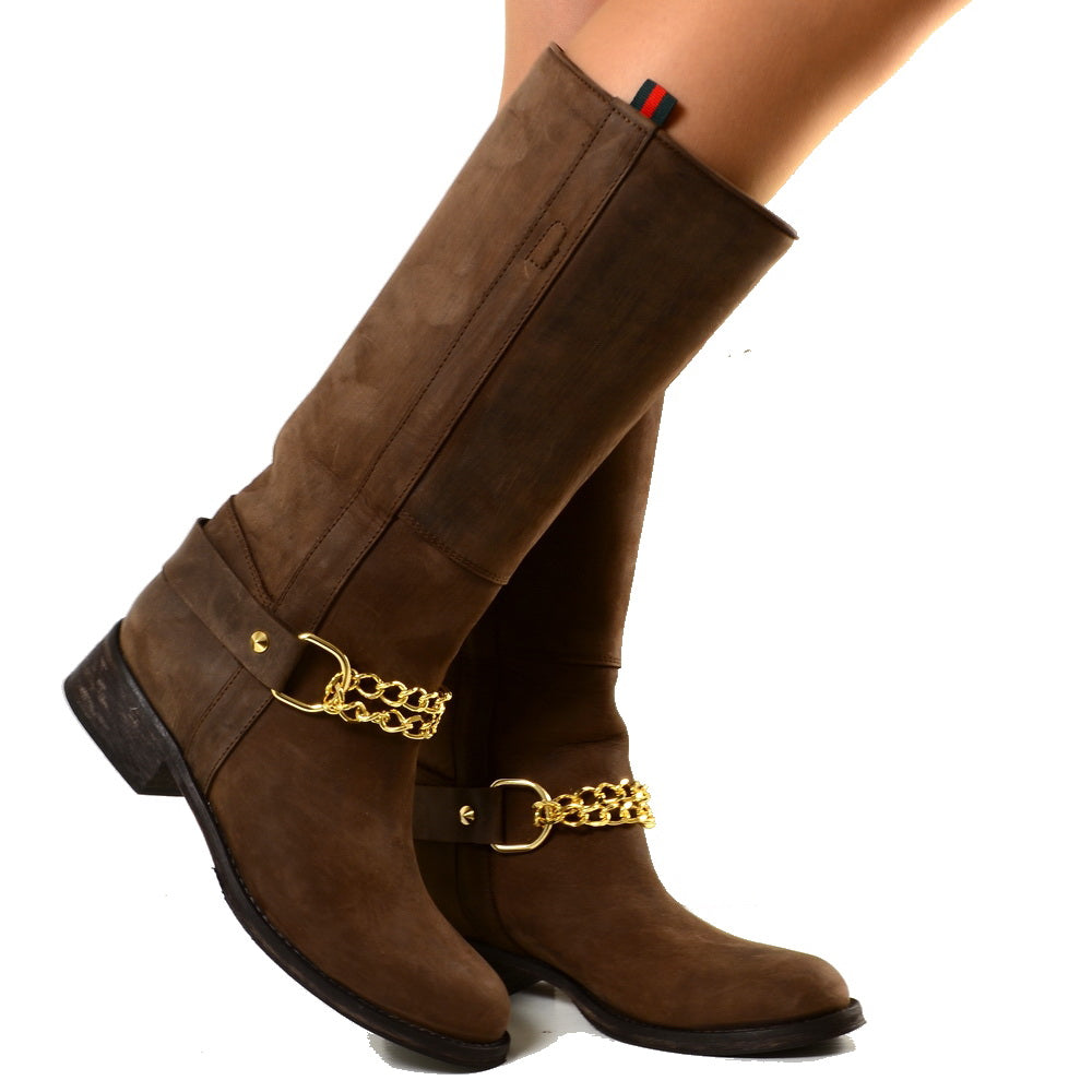 Camperos Western Boots with Golden Chain Brown Rigid Leather - 6