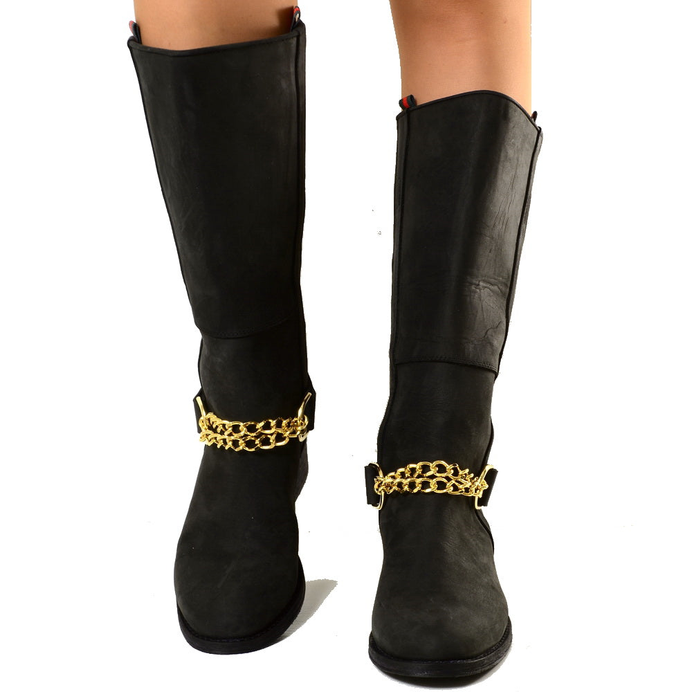 Stivali Camperos Western con Catena dorata Pelle Rigida Nera - 4