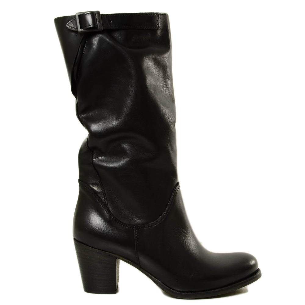 Women's Boots with Medium Heel in Genuine Leather Black - 3