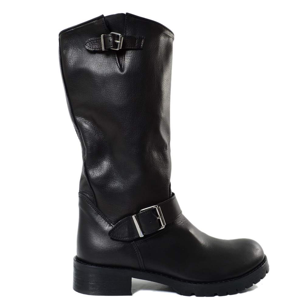 Black Police Women's Boots Biker Boots in Genuine Leather Made in Italy - 3