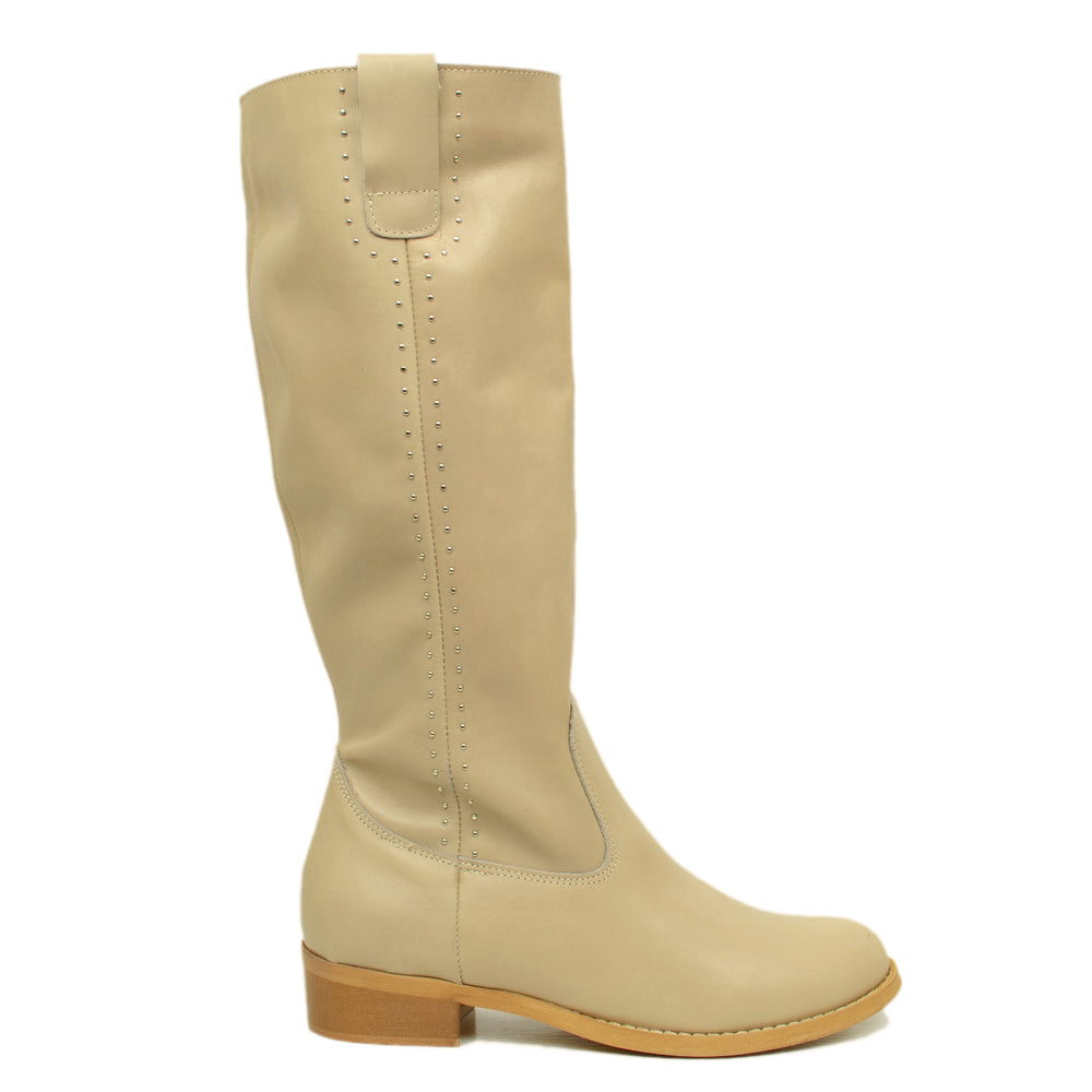 High Women's Boots in Beige Leather with Studs Made in Italy - 2