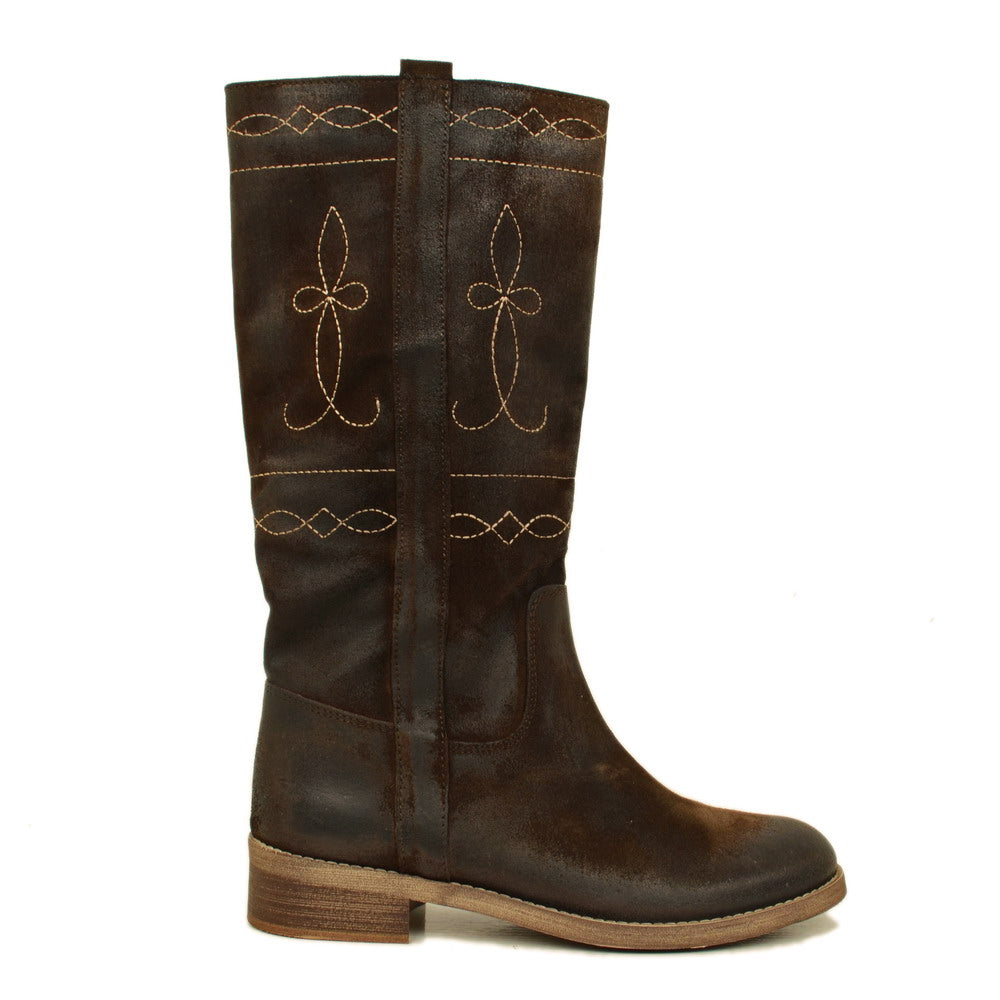 Camperos Women's Boots in Brown Suede with Embroideries - 2