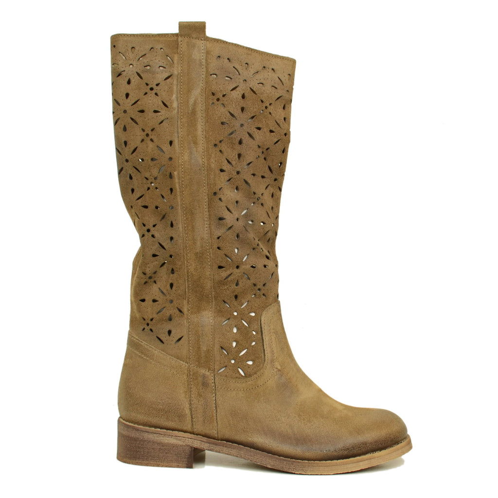 Stivali Donna Camperos Traforati Taupe in Pelle Scamosciata - 2