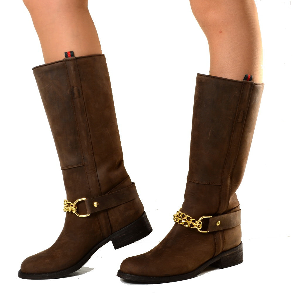 Stivali Camperos Western con Catena dorata Pelle Rigida Marrone - 2