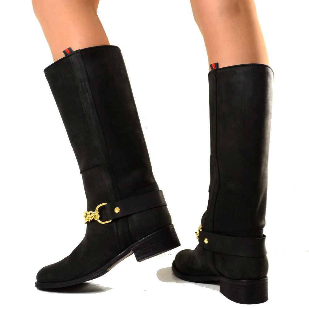 Stivali Camperos Western con Catena dorata Pelle Rigida Nera - 3