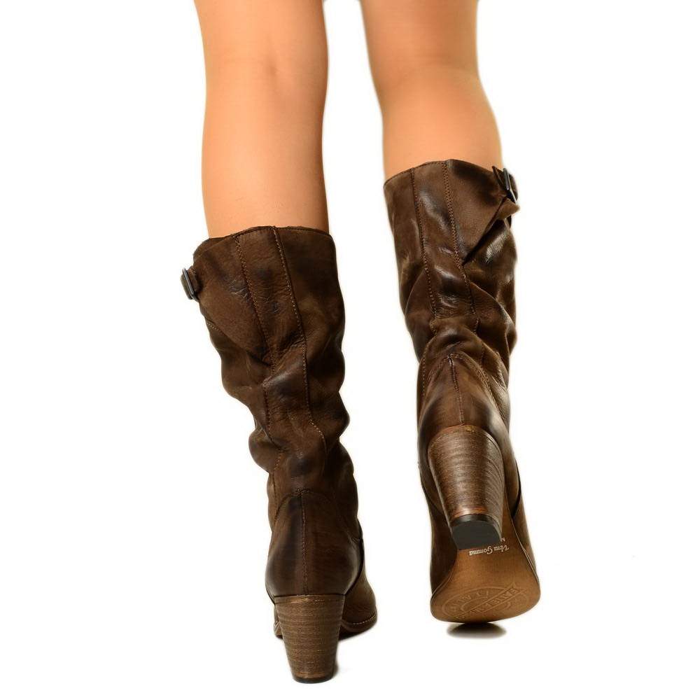Medium Heel Women's Boots in Genuine Dark Brown Nubuck Leather - 4