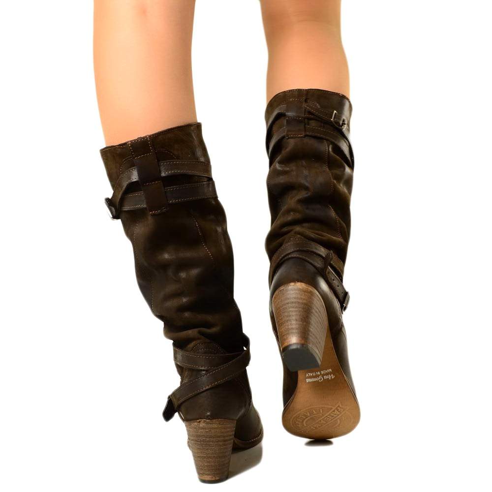 Women's Boots in Genuine Dark Brown Nubuck Leather - 5