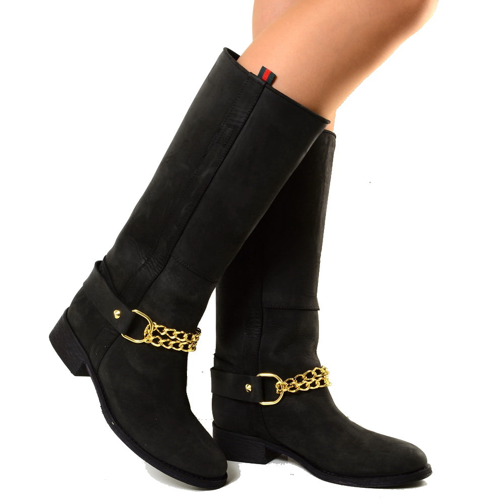 Camperos Western Boots with Golden Chain Black Rigid Leather - 7