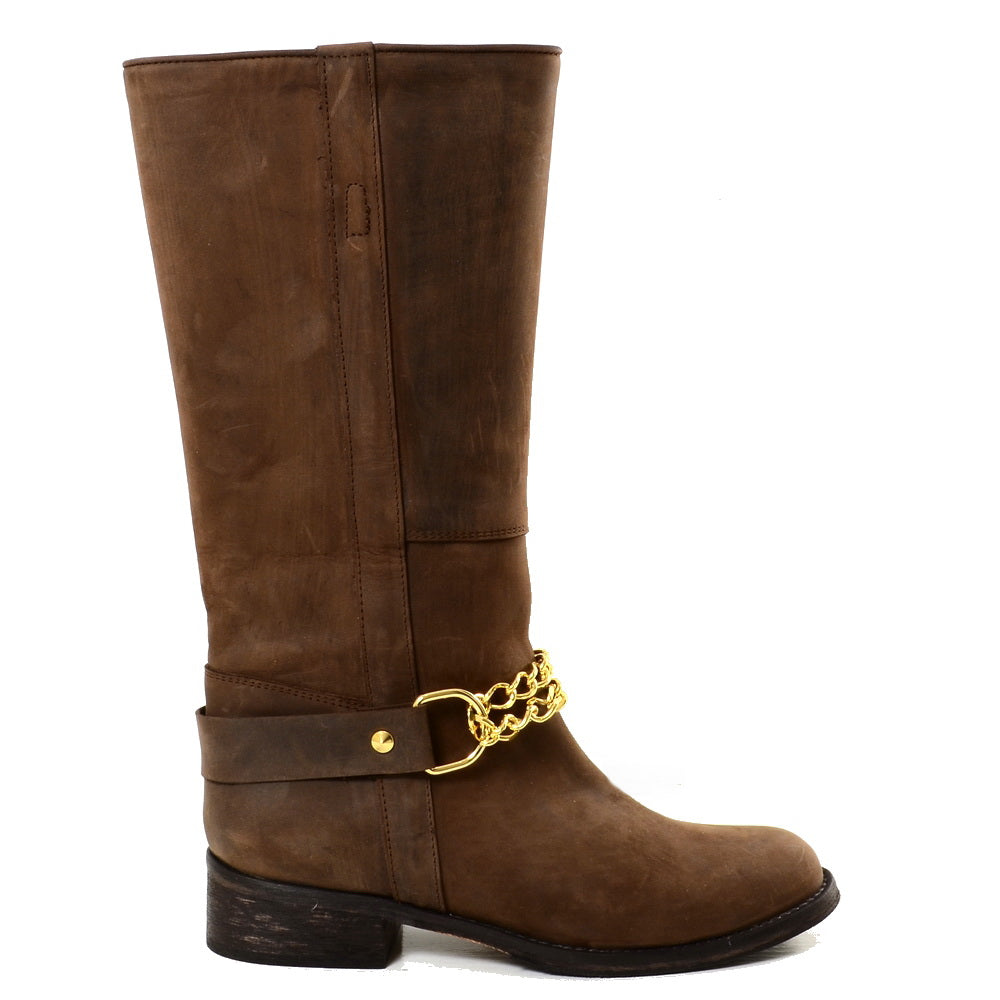 Camperos Western Boots with Golden Chain Brown Rigid Leather - 7
