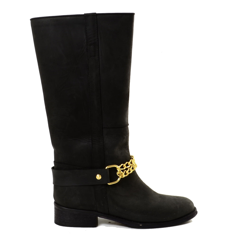 Stivali Camperos Western con Catena dorata Pelle Rigida Nera - 8